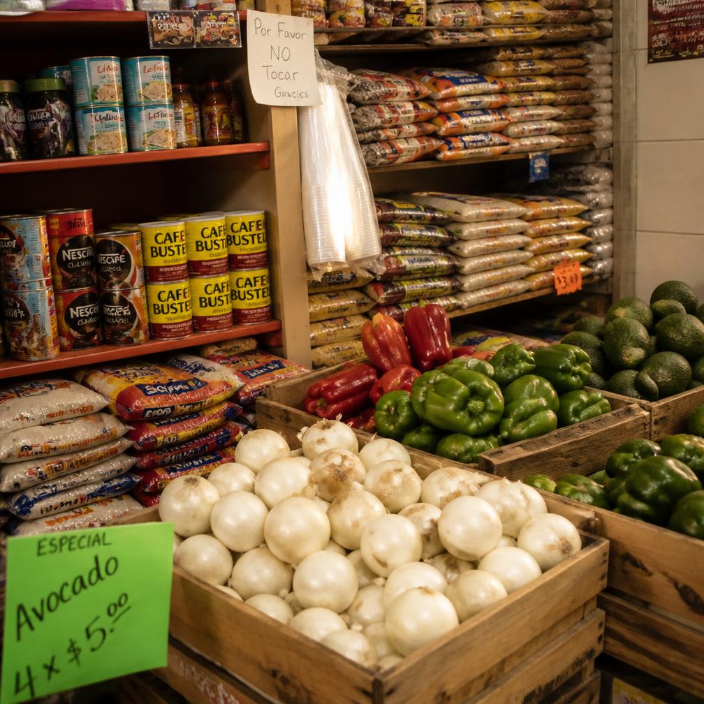Cajones de vegetales frescos y estantes con productos latinos en la tienda